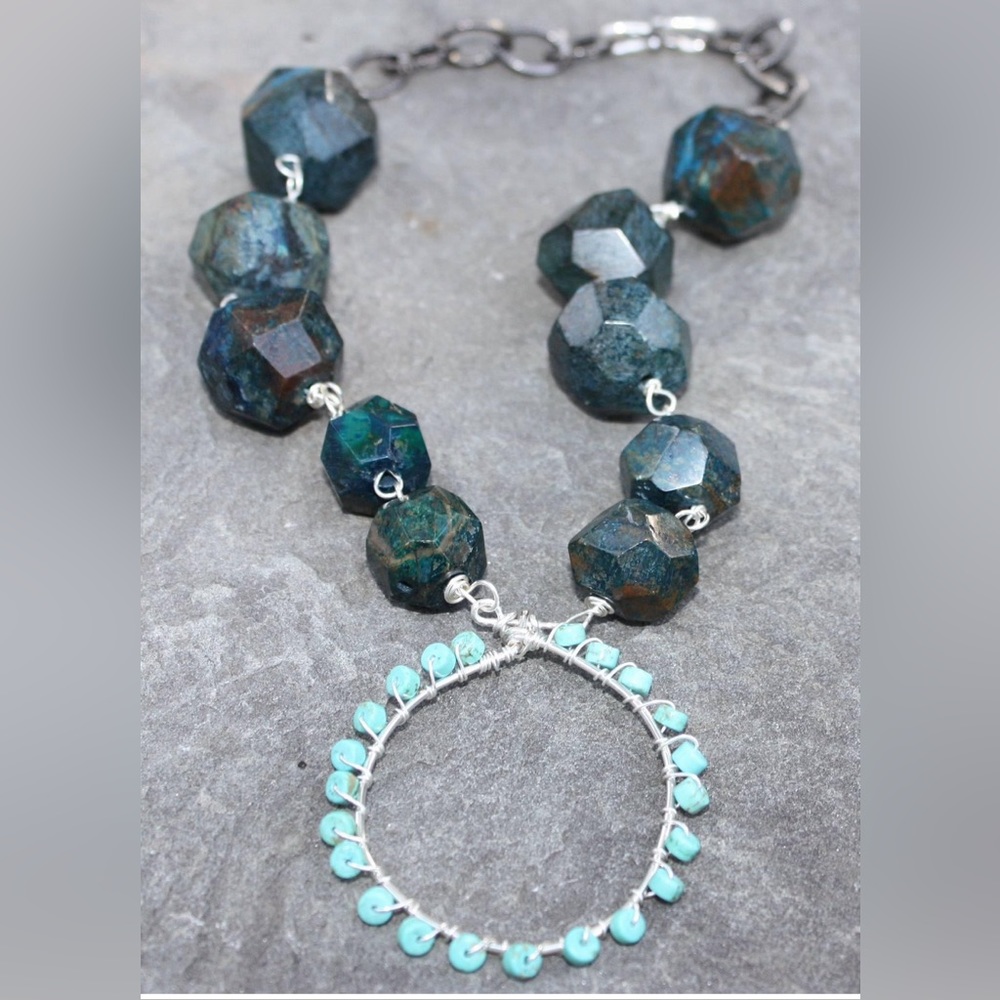 Chunky Brazilian Agate necklace w/ wrapped Turquoise Pendant.Statement piece!